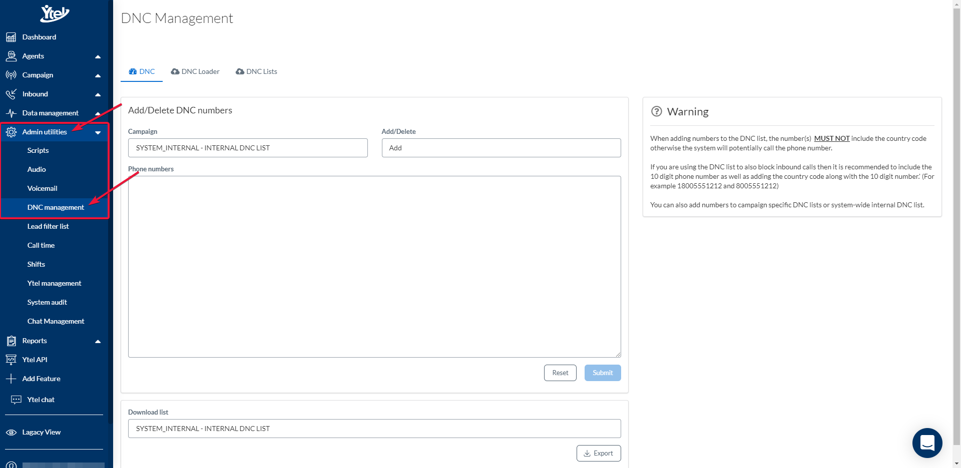 How to add numbers to the Contact Center Do Not Call (DNC) list Ytel